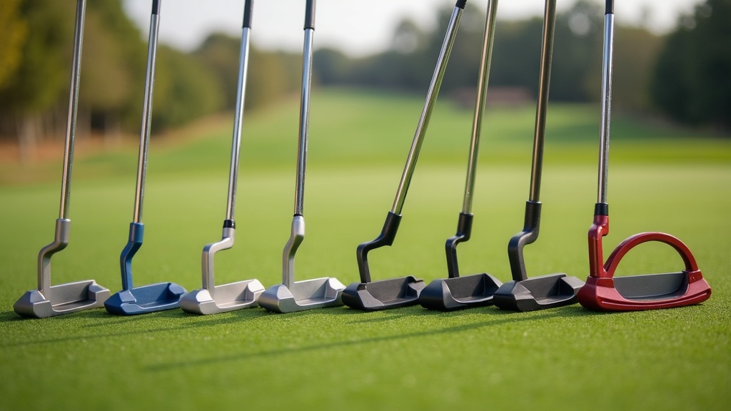 A lineup of top putters on a green, showing different head shapes and putter finishes.