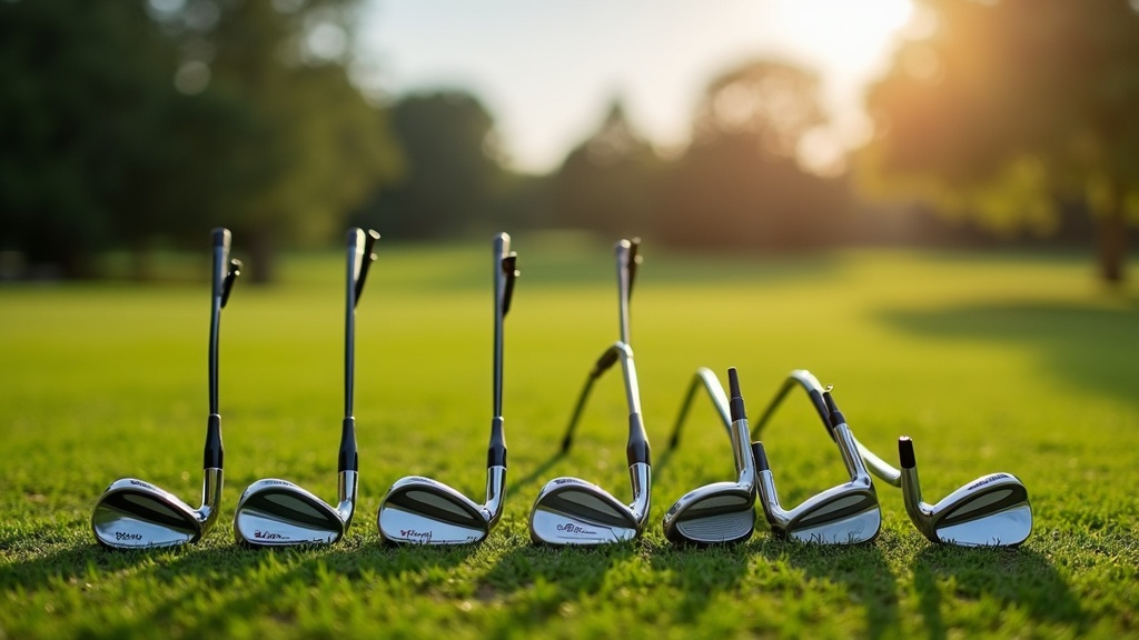 A selection of beginner golf irons arranged on short grass, with trees and a bright sky in the background.