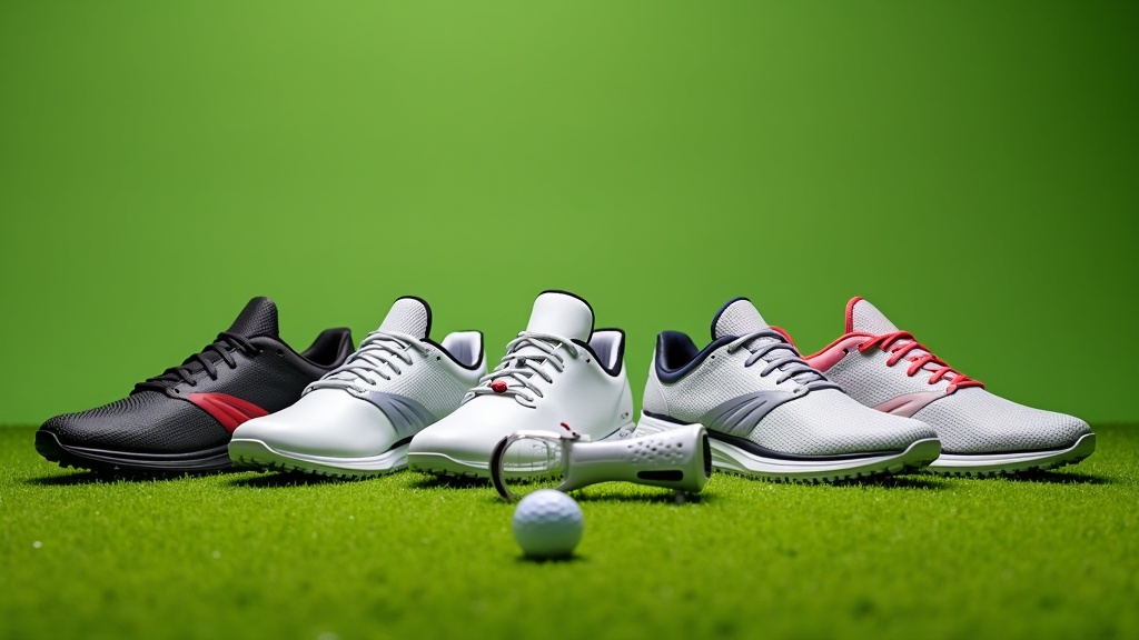A selection of modern golf shoes arranged on grass with a golf ball and tee nearby.