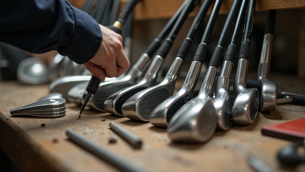 A closeup view of a variety of golf clubs being professionally measured and custom-fit on a workbench, with tools and club heads scattered around.