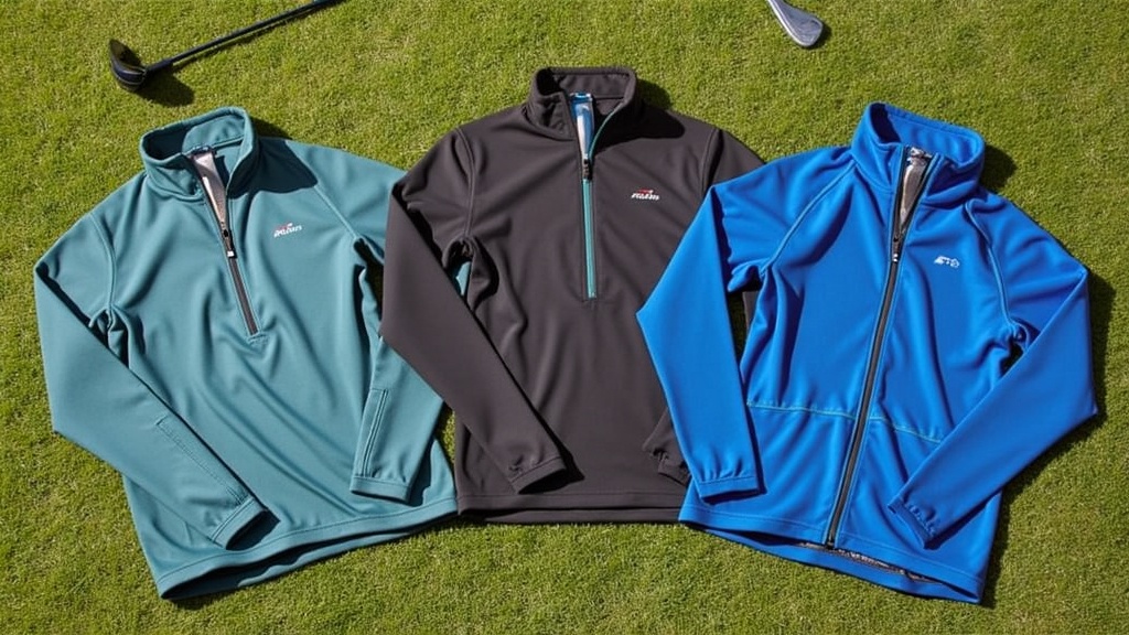 A collection of technical golf outerwear, moisture-wicking base layers, and mid-layers displayed on a natural background with grass and golf clubs.