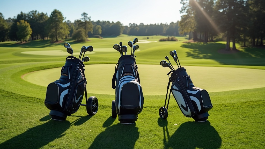 A top-down view of three golf bags – cart, carry, and stand – arranged on a lush course with trees and fairways in the background.