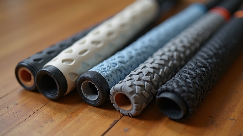 Close-up of different golf grips made from rubber, cord, and synthetic materials displayed on a wooden surface